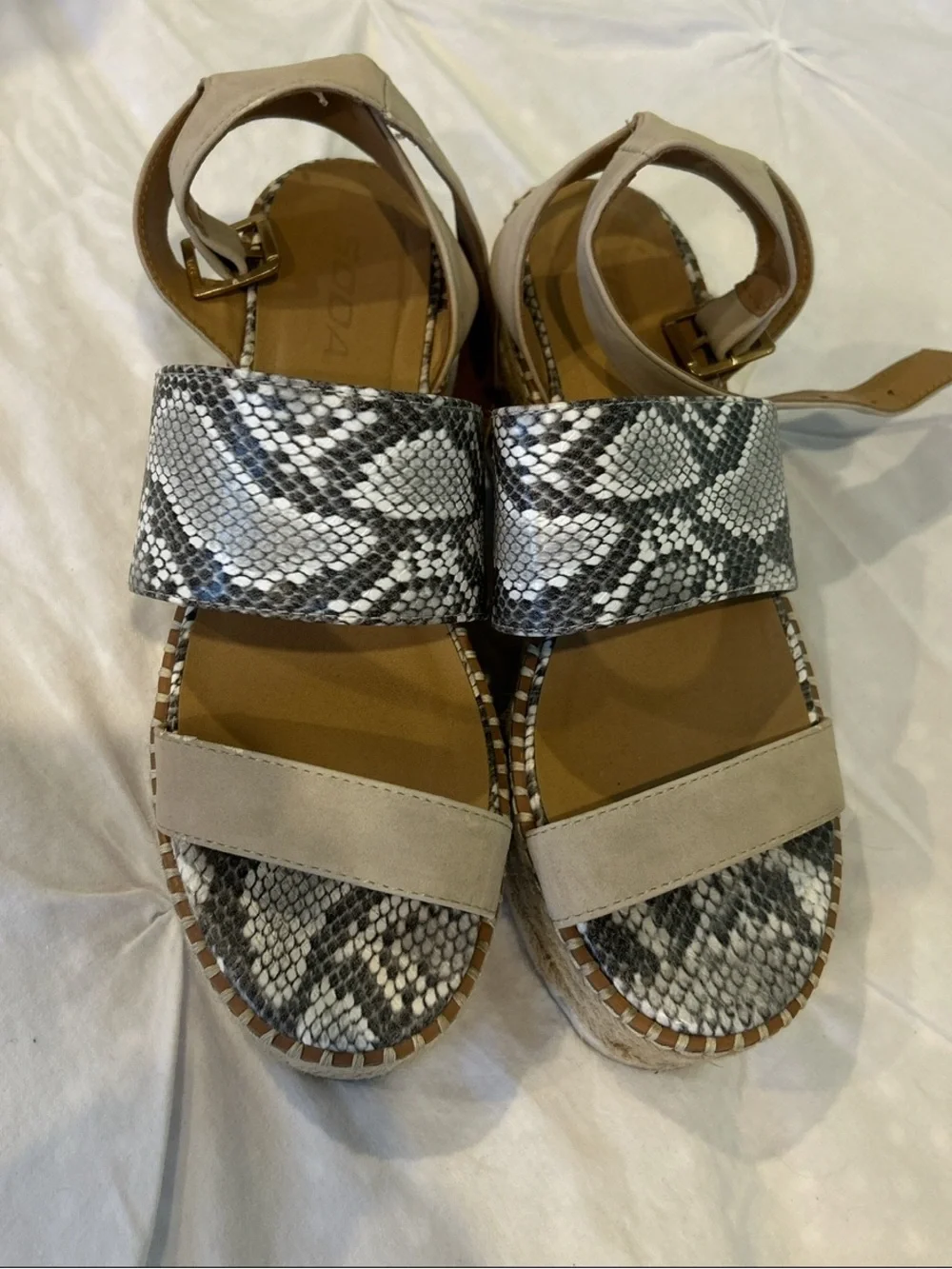Soda Snakeskin Block Sandals